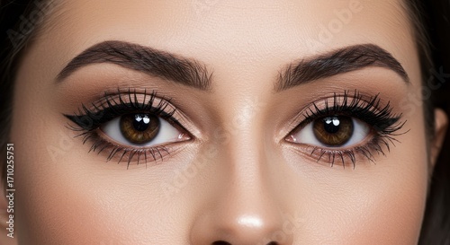 Close-up of a woman's eyes with meticulously applied makeup, showcasing defined eyebrows, eyeliner, and mascara, evoking a sense of elegance and sophistication.