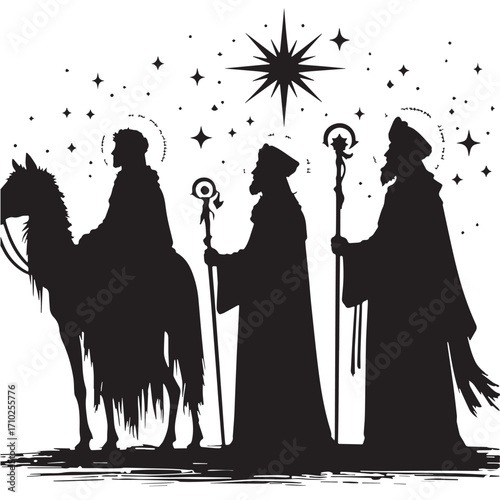 Black Three Wise Men Silhouette Vector Illustration design, Solid White Background
