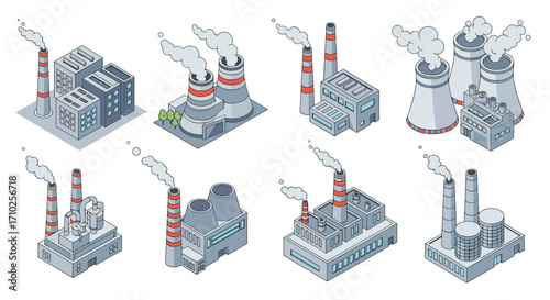 Isometric illustration of industrial power plants with smoking chimneys emitting pollution.
