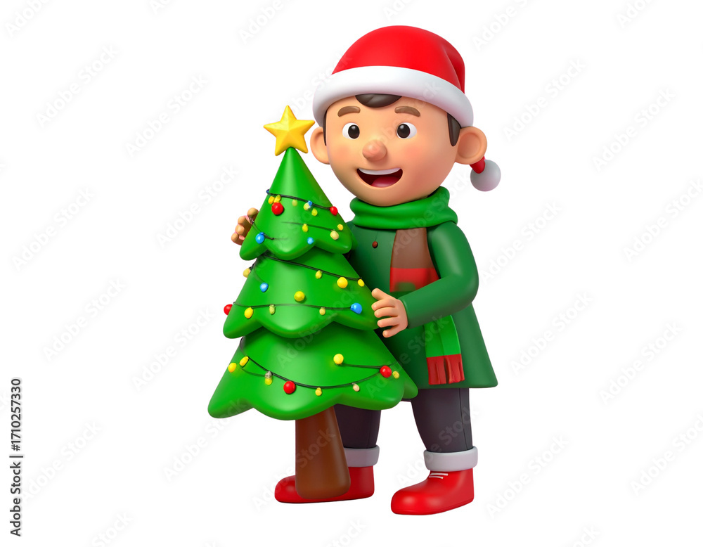 Fototapeta premium 3D cartoon Christmas character happy boy with tree illustration isolated on transparent background PNG