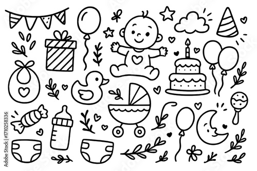Baby shower doodle collection. Hand drawn newborn infant celebration elements. Cute cartoon vector icons for first birthday party. Pram, bottle, cake, duck and diaper set.