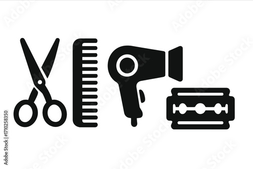 Barber tools icon set with scissors, comb, hairdryer, and razor blade. Hairdresser equipment symbols for grooming and styling. Minimalist vector barbershop collection.
