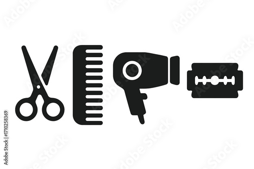 Barber tools icons set with scissors, comb, hairdryer, and razor blade. Minimalist vector graphic for barbershop and salon. Hairdresser equipment for haircut and styling.