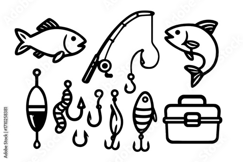 Fishing and angling icon set. Black and white vector cartoon collection of fish, rod, hooks, lures, bait, bobber, and tackle box. Isolated line art symbols for outdoor hobby.