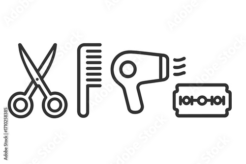 Barber tools icon set. Hairdresser equipment collection. Scissors, comb, hairdryer, razor blade signs. Hair salon symbols. Vector line art for barbershop, grooming, styling.
