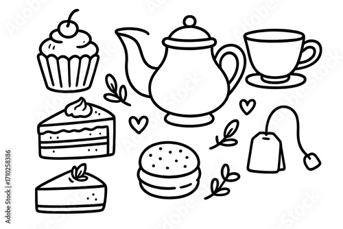 Tea time doodle icon set. Black and white line art. Vector sketch illustration of tea party elements. Teapot, cup, cake slice, cupcake, macaron, dessert, pastry, teabag.