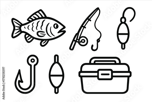 Fishing icons set collection. Angling equipment line art. Fish, rod, hook, tackle box, float, bobber. Hobby recreation sport concept. Black and white vector illustration.
