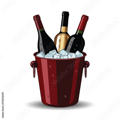 A vibrant illustration of a red ice bucket filled with ice cubes, chilling three assorted bottles of wine.