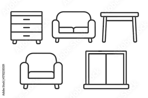 Furniture line icon set for interior design. Home furnishing symbols collection with editable stroke. Vector pictograms of dresser, sofa, armchair, table, and window.