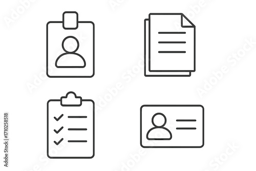 HR line icon set. Employee badge, ID card, documents, clipboard checklist. Vector for personal data, identification, office administration, and business profile. Editable stroke.