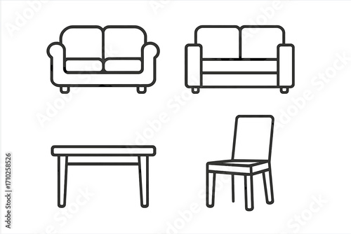 Furniture line icon set with couch, sofa, table, and chair. Minimal pictogram collection for interior design. Simple outline symbol with editable stroke vector illustration.