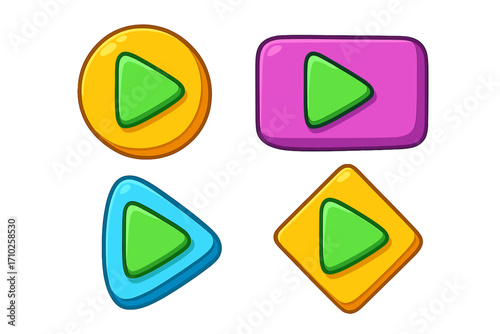 Colorful 3d play buttons set for game & app interface. Vector cartoon start icons in various shapes. Glossy GUI elements for web player, video, or mobile ui design.