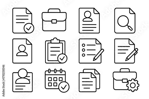 Job and office line icon set. Business, HR, recruitment outline icons. Includes resume, CV, document, contract, briefcase symbols. Editable stroke vector for web & app.