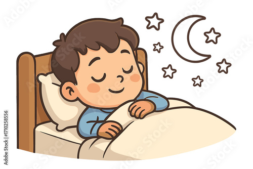 Cute cartoon boy sleeping in bed. Child dreaming sweet dreams at night. Kid character resting peacefully. Bedtime story concept. Vector illustration with moon and stars.