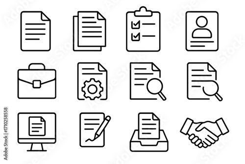 Job and business line icon set. Vector icons of documents, resume, contract, and office work. Editable stroke symbols for CV, portfolio, agreement, and recruitment concepts.