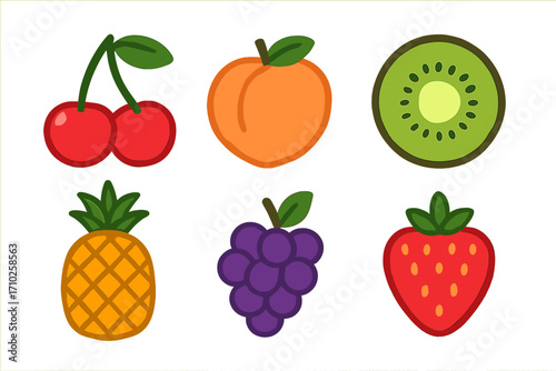 Fruit icon collection. Vector illustration set of minimalist cartoon fruits. Cherry, peach, kiwi, pineapple, grape, strawberry. Simple flat design for healthy eating concept.