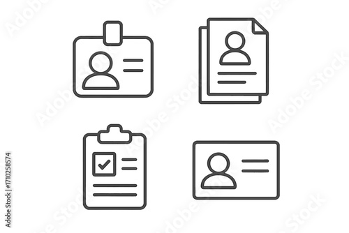 Line icon set with employee ID card, badge, personal data documents, and clipboard. Human resources and identity verification concept. Minimal vector pictogram with editable stroke.