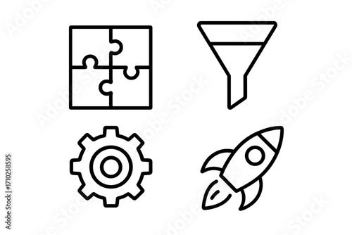 Data and Analytics Line Icon Set. Puzzle, Funnel, Gear, Cogwheel, Spaceship for apps and web. Business process, startup launch, project management, marketing strategy vector.