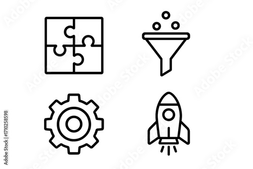 Data analytics and business strategy vector icon set. Thin line symbols of puzzle, funnel, gear, and rocket for concepts like problem-solving, filtering, operations, and startup launch.