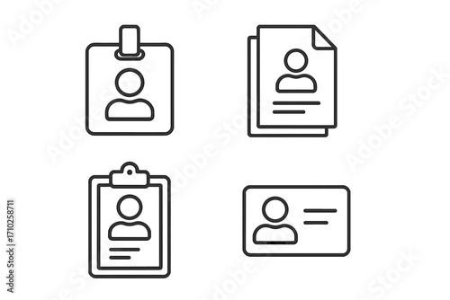 Personal data line icon set. Employee badge, staff ID card, resume, and clipboard symbols. User profile and identification vector pictograms. Editable stroke for design.