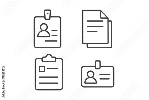 Employee badge and ID card line icon set. Personal data, documents, and clipboard vector icons. Minimalist pictograms with editable stroke for business identity concepts.