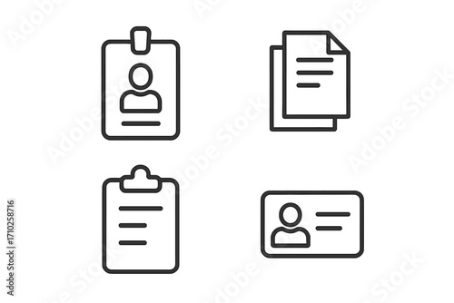 Minimalist employee badge, ID card, clipboard, and document line icon set. Editable stroke vector pack for business cards, office apps, company banners, HR posts. Professional cartoon pictograms.