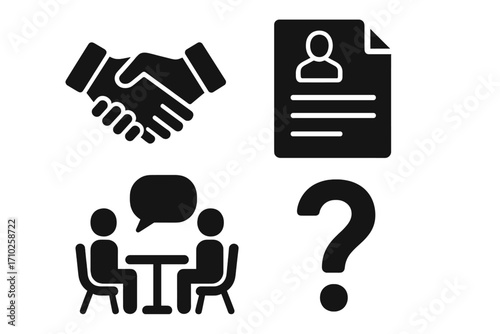 Job interview and recruitment process icon set. Vector icons for resume, CV, hiring, and application. Handshake for agreement or deal, meeting and question mark for support.