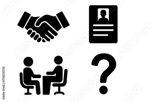Business icon set for recruitment and human resources. Silhouettes for job interviews, CV resumes, and agreements. Icons for career, hiring process, partnership, and help desk.