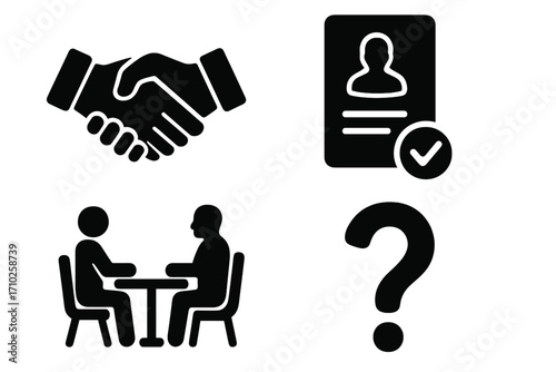 Business icon set for recruitment and hiring process. Vector silhouettes of job interview, resume, handshake agreement, and question mark for HR and corporate concepts.