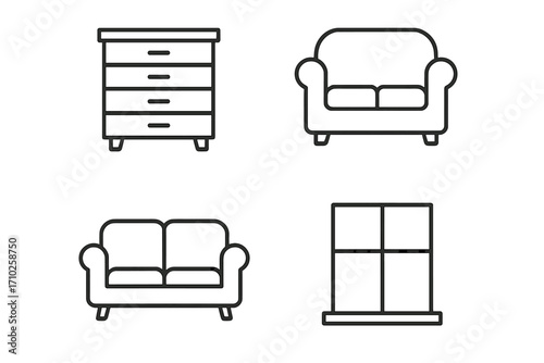 Furniture and home decor thin line icon set. Includes dresser, sofa, armchair, and window icons. Vector illustration for interior design, web, and apps. Editable stroke.