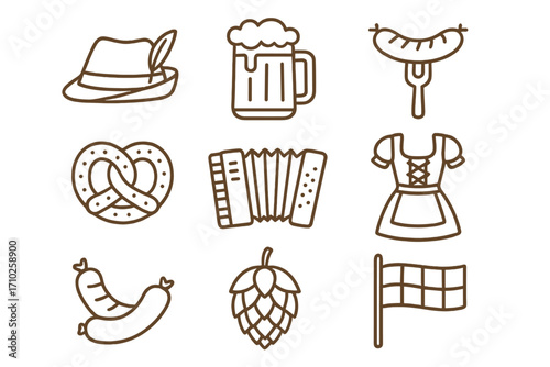 Set of traditional German Oktoberfest symbols. Line art icon collection with beer, pretzel, sausage, dirndl, accordion, hat, hops and Bavarian flag. Vector illustration.