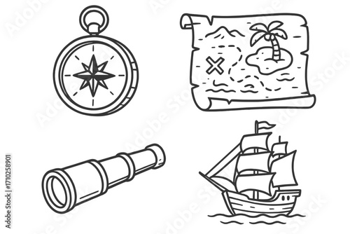 Pirate adventure icon set with treasure map, compass, sailing ship, and spyglass. Hand-drawn line art vector illustration for exploration and discovery. Cartoon doodle style.