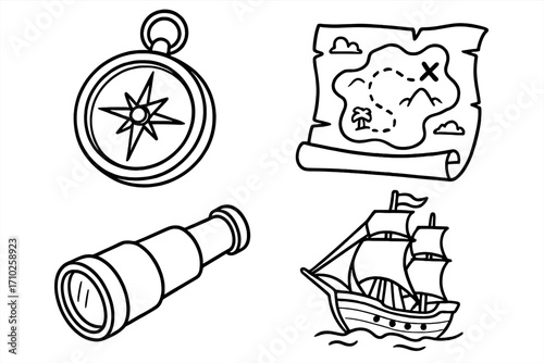 Pirate adventure line art set. Cartoon vector icons of a compass, treasure map, spyglass, and sailing ship. Sea exploration, navigation, and treasure hunt concept symbols.