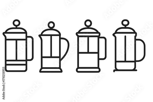 French press coffee maker line icon set. Minimalist vector illustration of coffee brewing equipment. Outline symbols for cafe menu, kitchen utensil, or beverage concept.