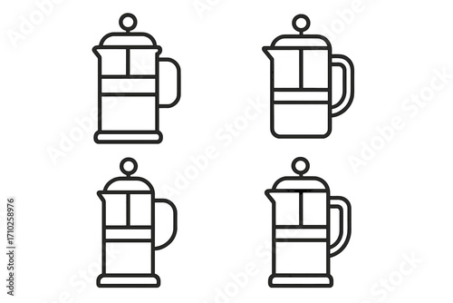 Set of linear french press icons. Minimalist coffee maker and coffee pot vector illustration. Cafetière line art for brewing hot drinks and beverages. Kitchen utensil concept.