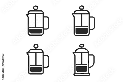 French press coffee maker icon set. Linear minimalist cafetière vector illustration. Simple outline symbols for brewing coffee. Kitchen equipment and beverage concept design.