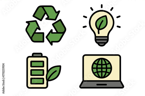 Eco-friendly icon set with recycling, green energy, and sustainable technology symbols. Vector cartoon illustration for environmental conservation and global ecology concepts.