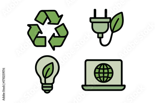 Eco-friendly icon set with recycling, green energy, and sustainable technology symbols. Vector illustration of a leaf plug, eco lightbulb, and global laptop for ecology concepts.