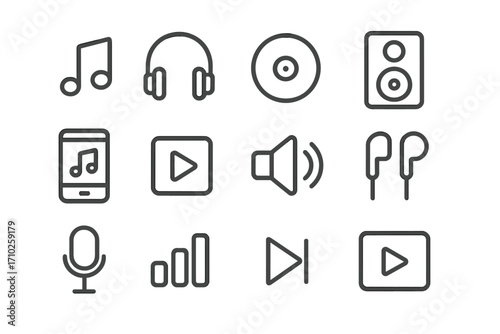Music and multimedia minimalist line icon set. Vector symbols for audio, video player apps. Includes headphones, play button, microphone, speaker, sound and volume control.