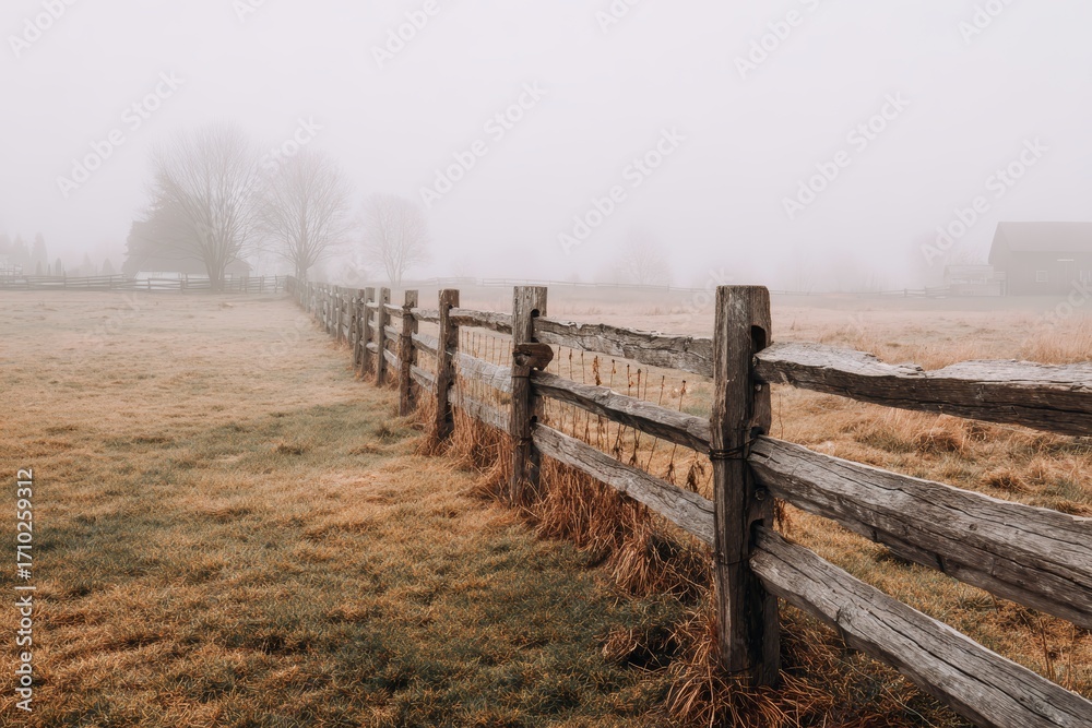 Obraz premium Rustic wooden fence in misty countryside landscape with fog and trees