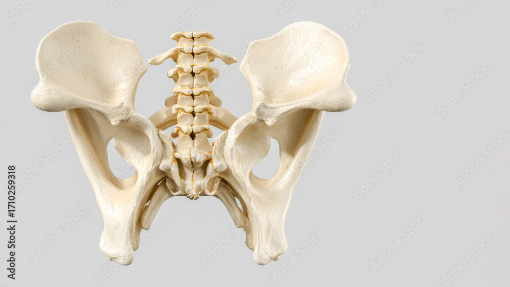 Naklejka premium Detailed view of human pelvis and spine anatomy displayed for educational purposes in a clean, bright environment