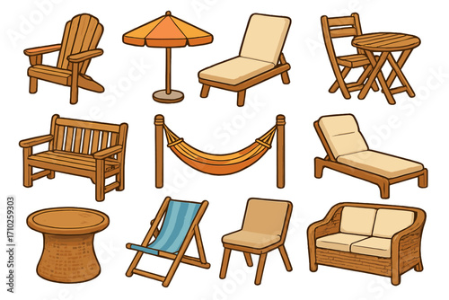 Outdoor furniture icons set. Garden and patio recreation essentials for summer relaxation. Vector cartoon clip art collection of chair, table, hammock, and lounger.