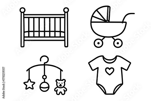 Baby accessories icon collection. Vector line art of newborn essentials like crib, pram, baby mobile, and bodysuit. Simple minimalist outline symbols for childcare and maternity.