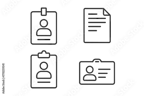 Set of ID card and document line icons. Employee badge, personal data, and clipboard symbols. Minimalist vector pictograms with editable stroke for business apps and web design.
