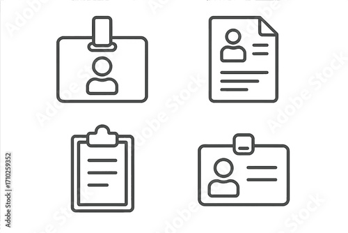 Business line icon set: employee badge, ID card, resume, clipboard. Vector icons for identity, personal data, human resources, corporate files. Minimalist editable stroke.