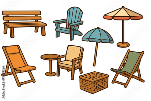 Outdoor furniture icon set for relaxation and recreation. Vector cartoon illustration of garden and patio essentials like bench, chair, umbrella, and table for summer design.