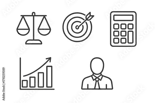 Set of business line icons. Justice scales, target goal, calculator, growth diagram, and manager symbol. Editable stroke. Minimalist pictograms for finance and strategy.