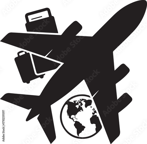 Airplane with Luggage and Globe Silhouette travel suitcase