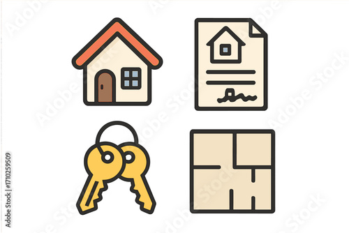Real estate icon set for buying, selling, or renting property. Vector icons include house, mortgage contract, keys, and floor plan. Property investment and ownership symbols.