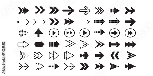 Arrow icon set, arrow cursor collection, different arrow signs, black arrows icons. Modern simple arrows. Black arrow pointing to the right. Black direction pointer. Vector illustration.